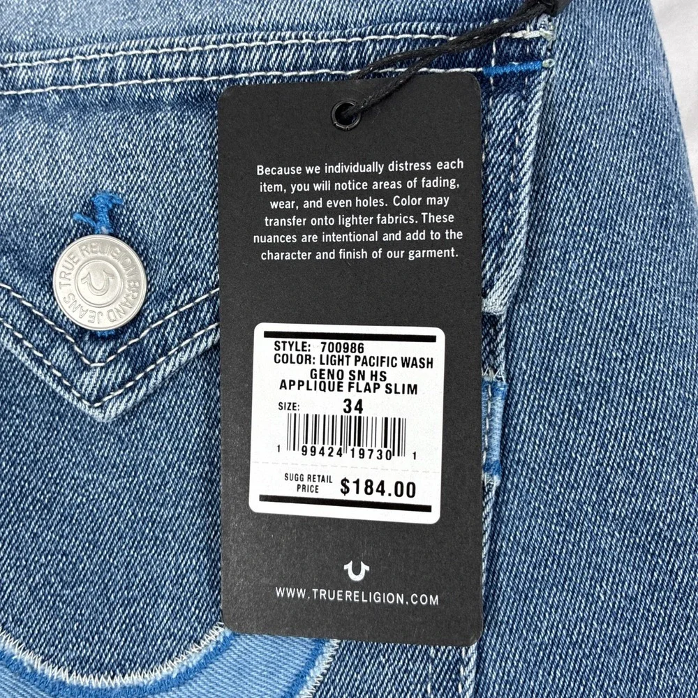 New True Religion Geno SN HS Appliqué Flap Slim Relaxed Jeans Mens 34x32 NWT